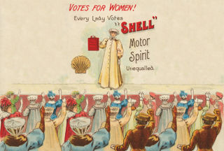 Shell postcard with suffragettes women 'Every Lady Votes Shell Motor Spirit', 1908